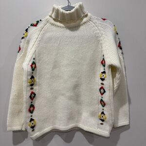 Vtg 70's Crewel Embroidered Knit Sweater Dayne Taylor White Turtleneck, Small